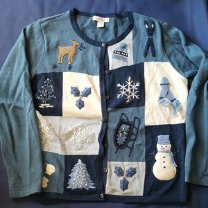 Dress Barn Christmas Holiday Sweater Blue White Brown Snow Deer Tree Mitten Lg